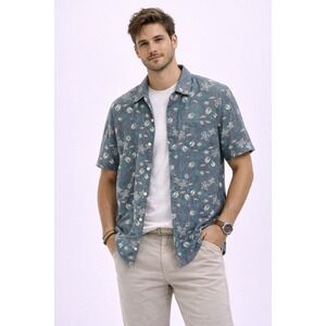 Unionbay Button Down Shirt Mens Large Blue Tropical Palm Leaf Short Sleeve Aloha